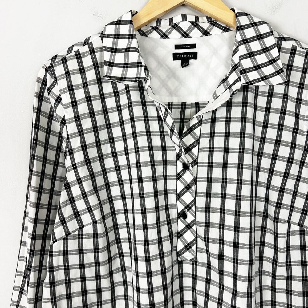 Talbots Non-Iron Black & White Plaid Tunic Shirt Top Classic Career Sz 14 Womens - Picture 2 of 4